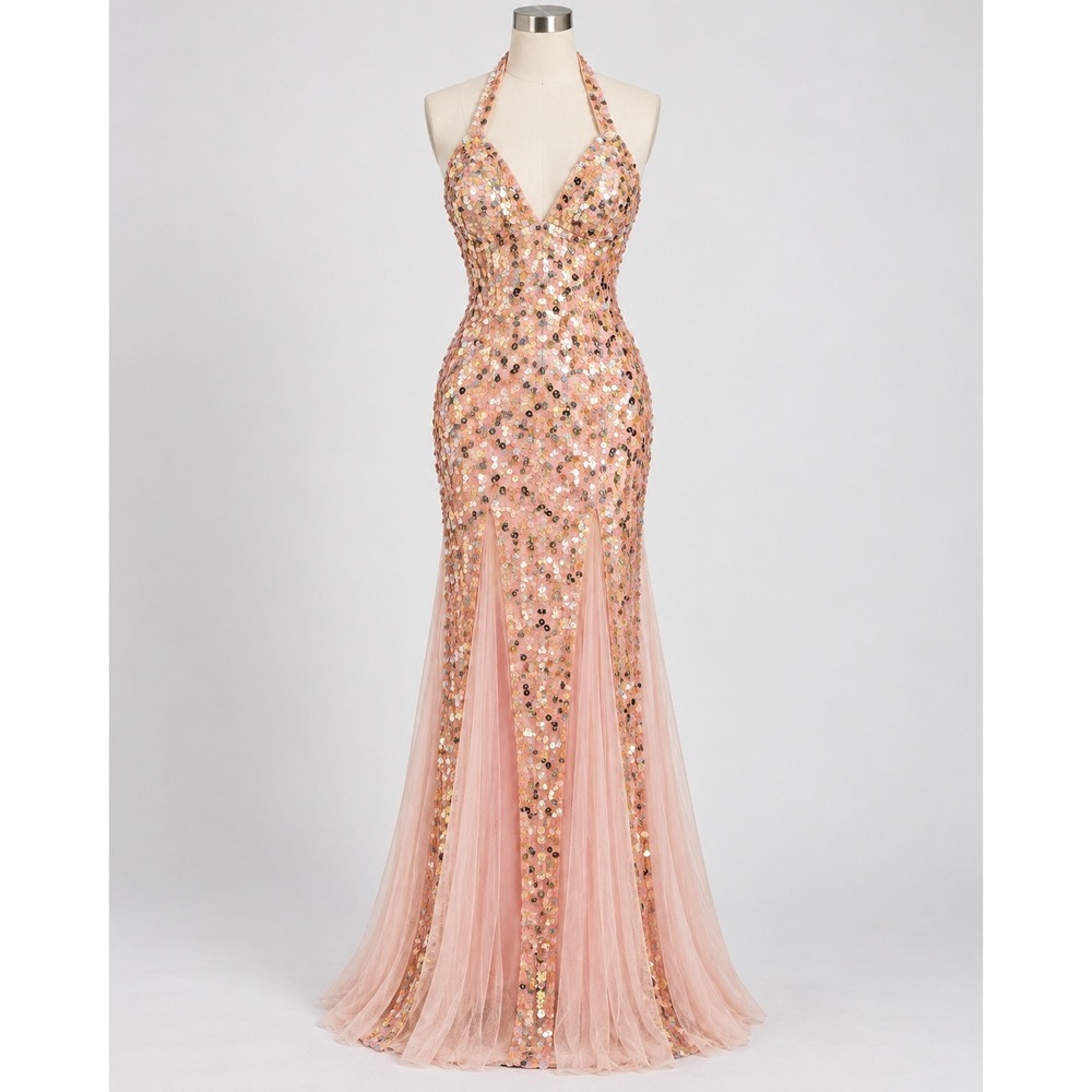 Primavera Couture Pink Sequin Halter Open Back Prom Pageant Gown Dress 00 (XS)